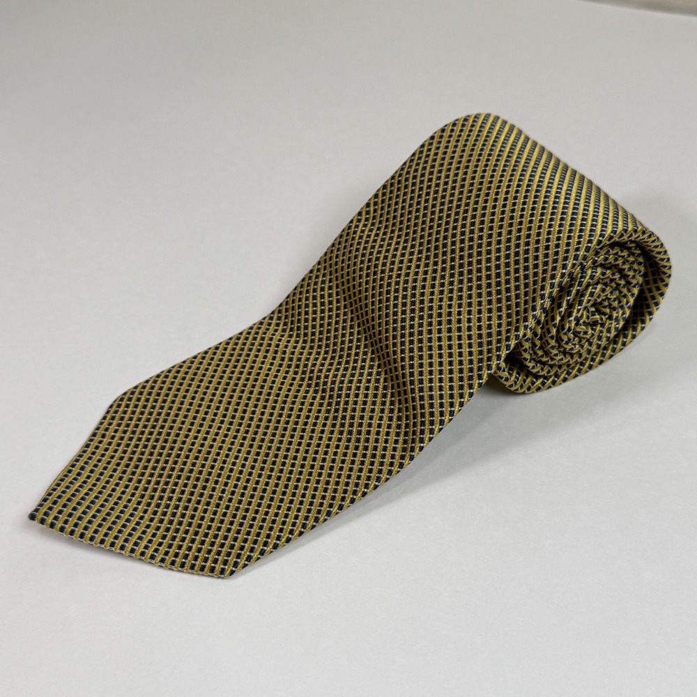 BROOKS BROTHERS Mens 100% Silk Necktie USA ITALY Designer Micro-check Gold Navy